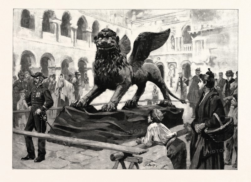 THE WINGED LION OF ST. MARK LYING IN THE PIAZZETTA SAN MARCO, VENICE, ITALY, AFTER BEING TAKEN DOWN FOR REPAIRS