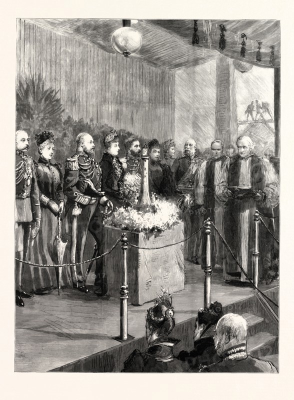 THE OPENING OF THE ROYAL NAVAL EXHIBITION BY THE PRINCE AND PRINCESS OF WALES: THE ARCHBISHOP OF CANTERBURY READING PRAYERS BEFORE HER ROYAL HIGHNESS PERFORMED THE OPENING CEREMONY