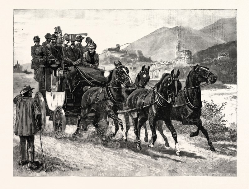 COACHING IN THE SOUTH OF FRANCE: THE COMTE DE MADRE DRIVING HIS COACH, THE OLD TIMES, ON THE ROAD NEAR LOURDES
