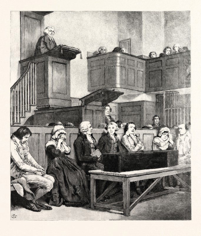 The middle of the pew is taken up by a black coffin