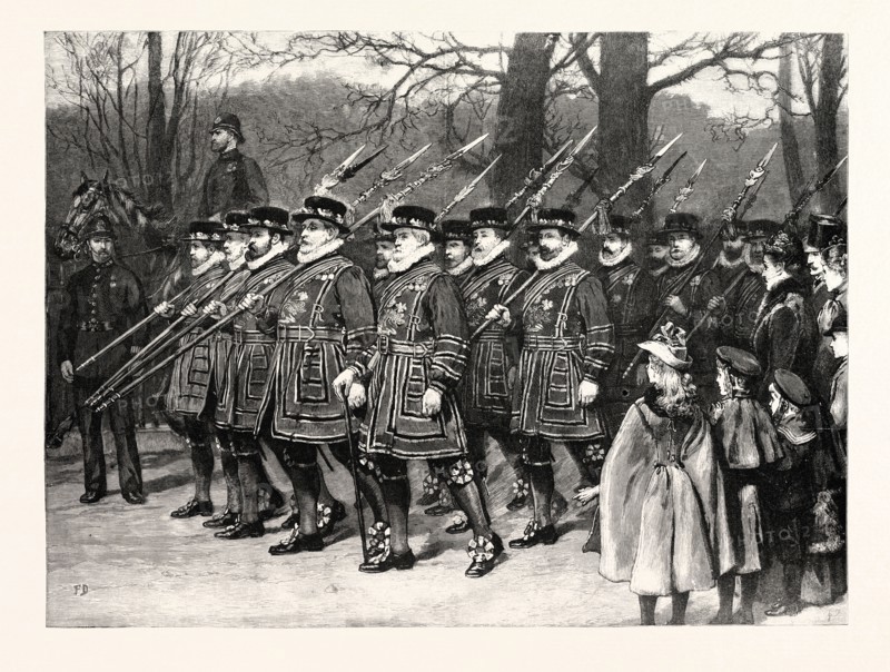 ON THE WAY TO HER MAJESTY'S DRAWING ROOM: THE YEOMEN OF THE GUARD MARCHING DOWN THE MALL, UK