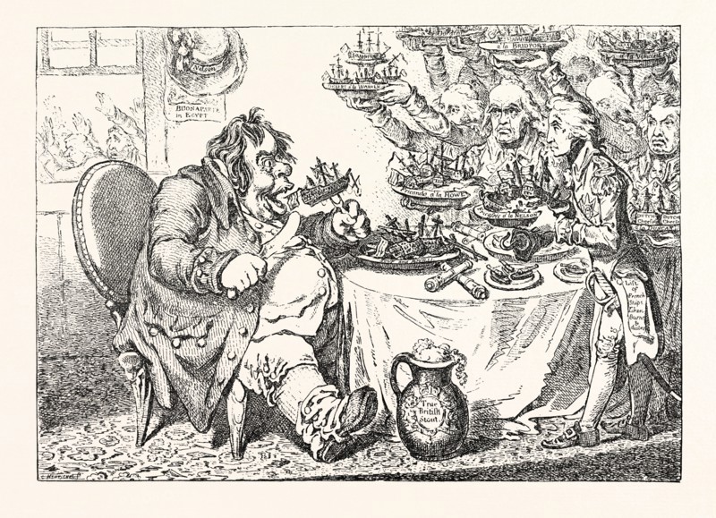 JOHN BULL, TAKING A LUNCHEON, OR BRITISH COOKS CRAMMING OLD GRUMBLE GIZZARD WITH BONNE-CHÃƒË†RE