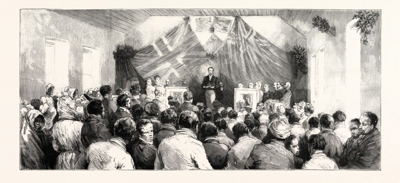 A PRESENT FROM THE QUEEN TO THE LEPERS OF ROBBEN ISLAND, THE PRESENTATION OF HER MAJESTY'S PORTRAIT TO THE ASYLUM: THE UNVEILING CEREMONY IN THE LARGE HALL