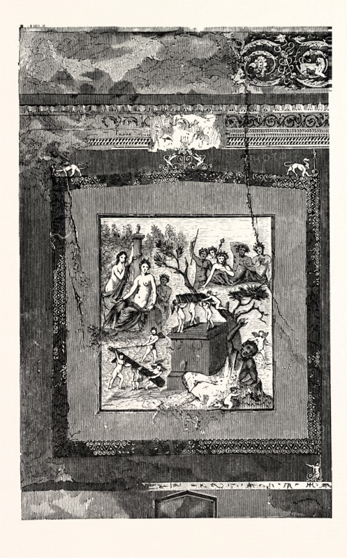 FRESCO FROM THE HOUSE OF SIRICUS, AT POMPEII: Hercules is overcome by Bacchus, to whom he has been sacrificing. Cupids sport around him, and carry off his club, whilst the hero lies in a state of helpless intoxication on the ground.