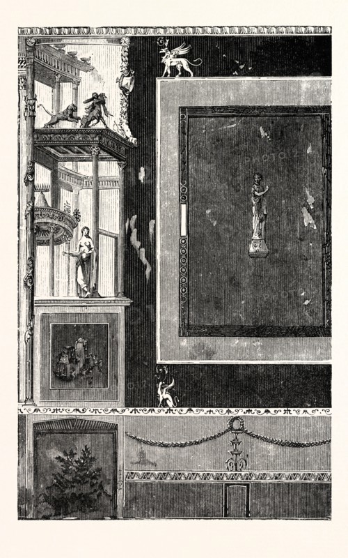 FRESCO FROM THE HOUSE OF SIRICUS, AT POMPEII: Figures of Greek and Roman deities, about two-thirds the size of life