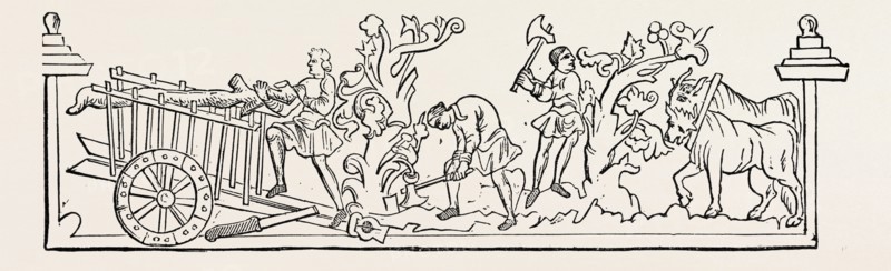 FEBRUARY. Here they are cutting down trees for firewood. The English called February "Sprout-kele." Kele meant "kelewurt," and was most extensively used at this time for making broth. The well-known custom of making pancakes on Shrove-Tuesday is a remnant of an old superstition, and certainly one of the most pleasing that has come down to us.