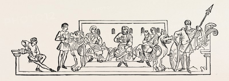 APRIL was "Oster-monath," because the wind generally blew from the east during this month. The woodcut appears to represent three thegns celebrating a feast by quaffing ale from their drinking-horns. On the right is an armed guard with a long spear, and on the left are two servitors. The bench on which the three worthy thegns are seated is adorned with two sculptures of formidable-looking animals.