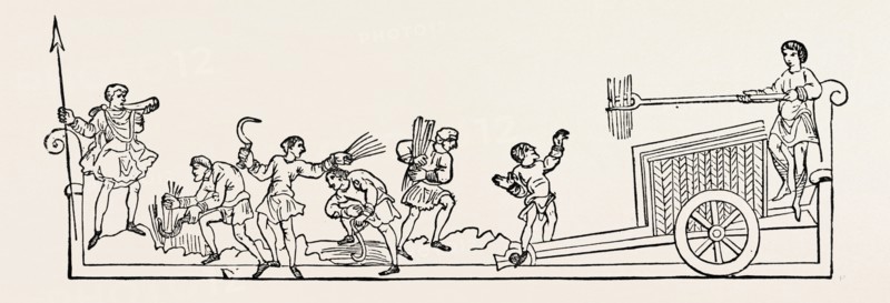 AUGUST was by the English called "Arn-monath," or "Barn-monath," meaning harvest-month. The instruments which appear in the woodcut do not seem to differ much from those used at the present day. To the left appears a man sounding a horn, with a spear in his right hand. Whether he is superintending the labourers, or is one of a hunting party entering the field, it is hard to decide. The sheaves are being lifted by a fork into a cart, or wagon, of tolerably good construction.
