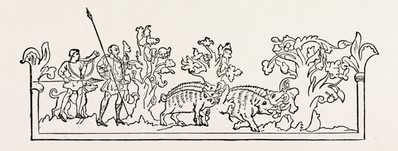 SEPTEMBER was called " Gerst-monath", barley-month so named from the liquor called "beerlegh" made in that month, and hence "barley." The subject of the woodcut is a boar-hunt.