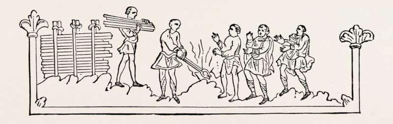 NOVEMBER was called "Wint-monath," or wind-month, as this was the season of the year when the cold storms commenced, which were generally considered to last till March. It was the custom to light great fires in the open air in honour of the gods, and as a means of driving away evil spirits. The men are here seen approaching one of these fires to warm themselves.