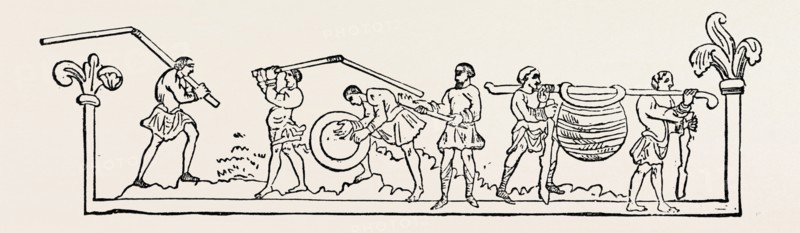 DECEMBER was called "Aerra Geola," because the sun then "turns his glorious course;" and after the introduction of Christianity, "Heilig-monath," or holy-month. December was, among the English, above all things, a month of festivity. Before the introduction of Christianity, Christmas was the feast of Thor, and the wassail bowl circulated as briskly in honour of the heathen god as it has done since at the Christian festival. The figures in the woodcut are engaged in threshing the corn, winnowing it with a fan, and carrying it away.