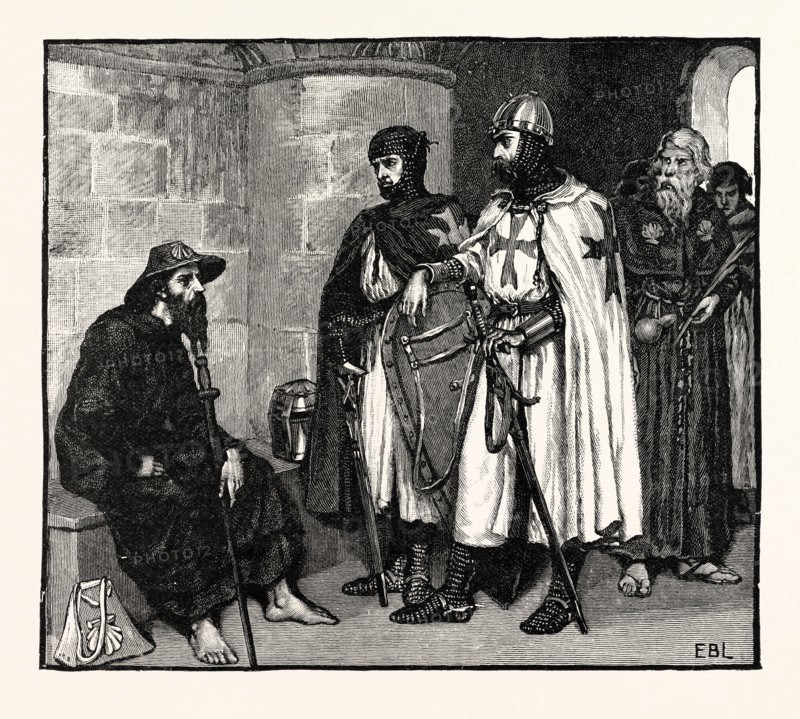 PILGRIM (A), PALMER (D), HOSPITALLER (B), TEMPLAR KNIGHT (C), AND CONVENTUAL TEMPLAR (E). (a, Pilgrim's wallet; b, Pilgrim's staff)