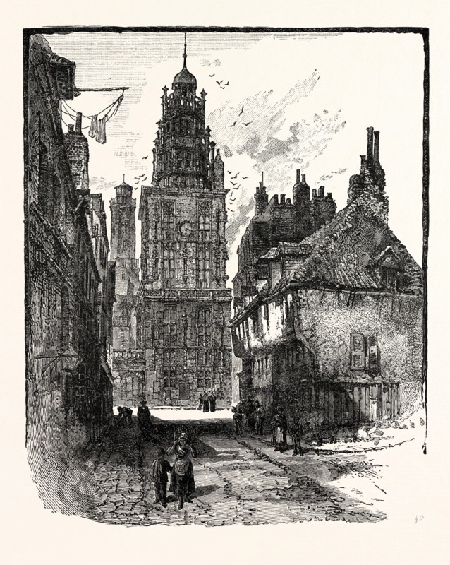 VIEW IN CALAIS: RUE DE LA CITADELLE, SHOWING THE BELFRY