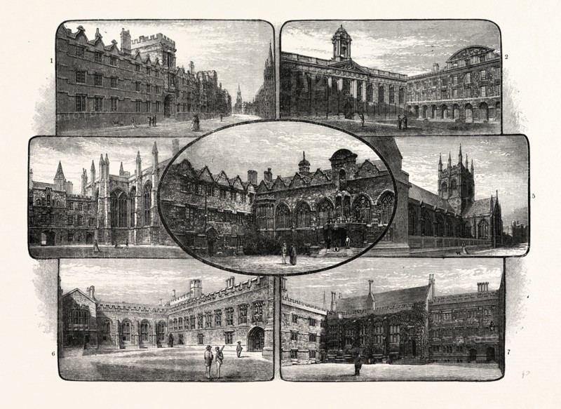 THE THIRTEENTH AND FOURTEENTH CENTURY COLLEGES OF OXFORD UNIVERSITY: 1. University College; 2. Queen's College and Chapel; 3. New College Chapel; 4. Oriel College and Chapel; 5. Merton Chapel; 6. Balliol Old Hall and New Library; 7. Exeter College