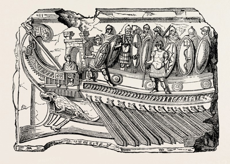 SCULPTURE SHOWING ROMAN WAR GALLEY.