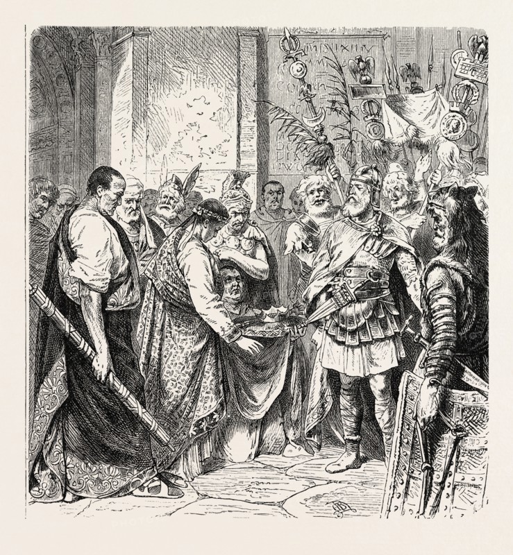 AUGUSTULUS, THE LAST ROMAN EMPEROR, SURRENDERS TO ODOACER.