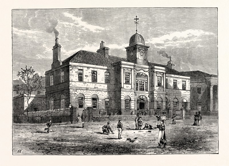 EDINBURGH: THE HIGH SCHOOL OF LEITH, BUILT IN 1806. IT IS A SPACIOUS AND OBLONG BUILDING, TWO STOREYS IN HEIGHT, IN THE GRECIAN STYLE OF ARCHITECTURE, SURMOUNTED BY A SMALL SPIRE, OR CUPOLA, AND CLOCK, AND INTERNALLY ARRANGED INTO EXCELLENT APARTMENTS FOR TWO CLASSES IN CLASSICS, TWO IN ENGLISH, ONE IN MATHEMATICS, ONE IN WRITING AND ARITHMETIC.