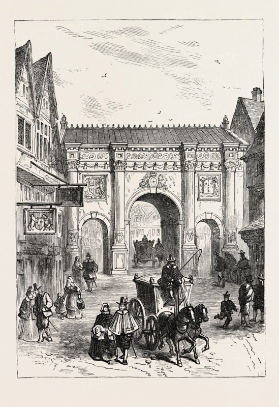 THE OLD WOODEN TEMPLE BAR, As Erected in the Reign of James I., LONDON