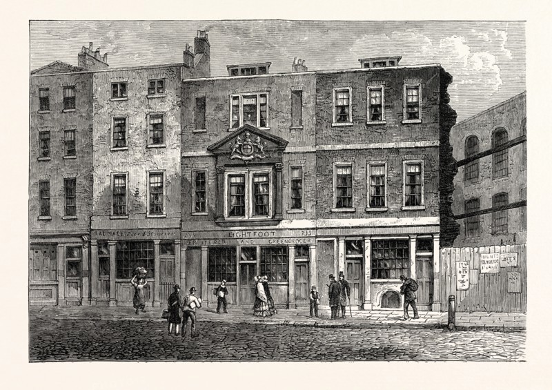 OLD HOUSES IN FETTER LANE, WEST SIDE, NEAR THE RECORD OFFICE, FROM A DRAWING BY SHEPHERD, 1853, LONDON