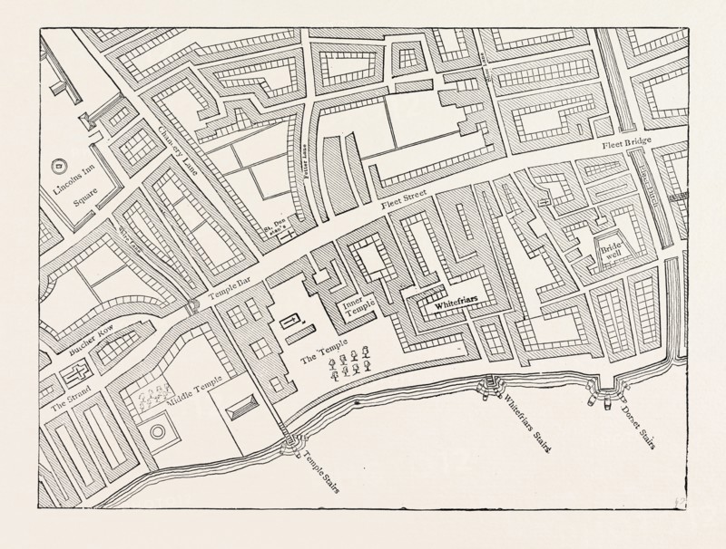 FLEET STREET, THE TEMPLE, LONDON, FROM A MAP OF LONDON, PUBLISHED 1720.