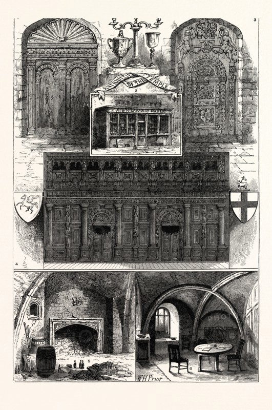 1. Door from the Middle Temple. 2. Wig-Shop in the Middle Temple. 3. Door from the Inner Temple. 4. Screen of the Middle Temple Hall 5. Fireplace in the Inner Temple. 6. Buttery of the Inner Temple. London