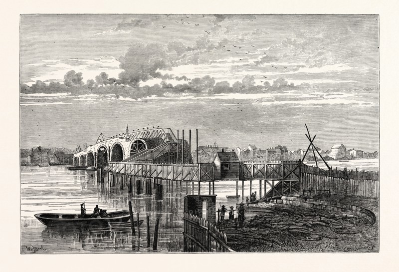 BLACKFRIARS OLD BRIDGE DURING ITS CONSTRUCTION, SHOWING THE TEMPORARY FOOT BRIDGE. From a Print of 1775, LONDON