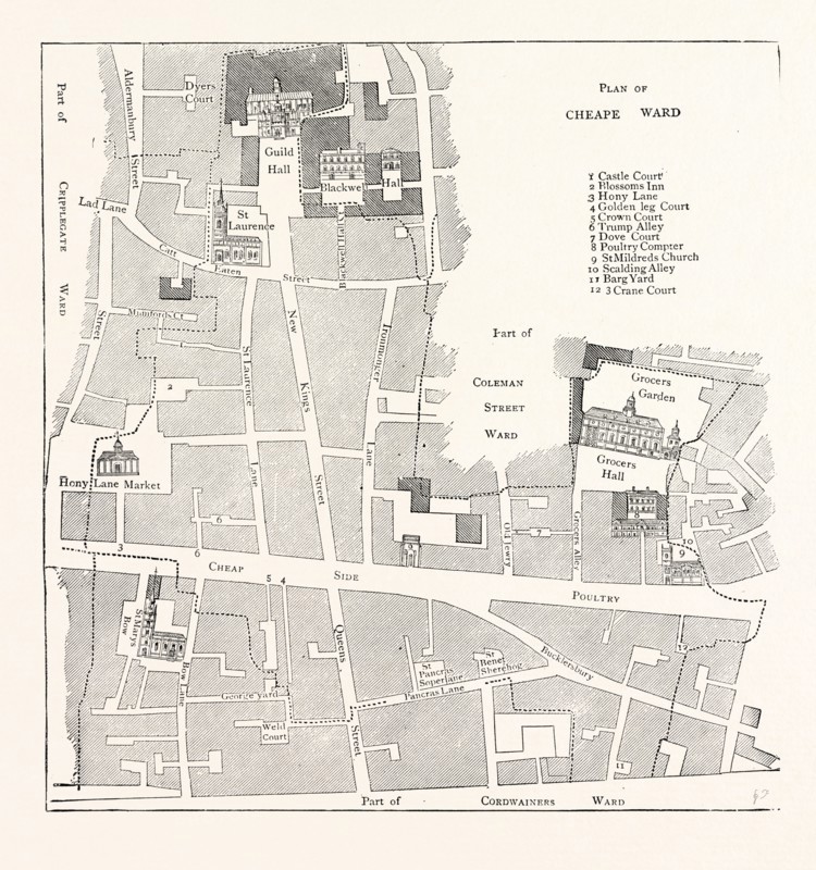 OLD MAP OF THE WARD OF CHEAP, ABOUT 1750, LONDON