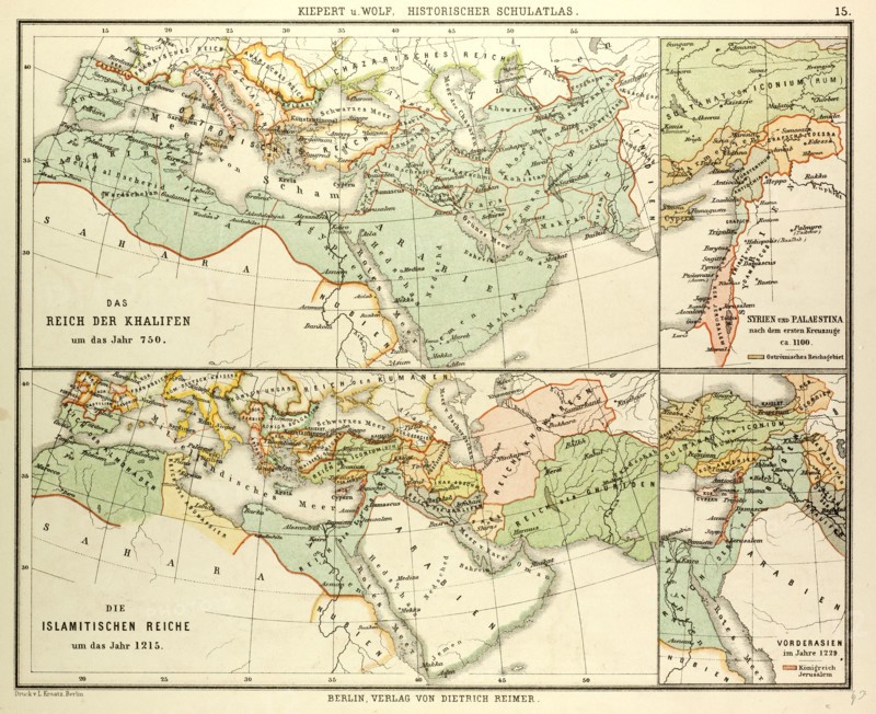 MAP OF THE UMAYYAD CALIPHATE EMPIRE IN 750 AND THE ISLAMIC EMPIRE IN 1215