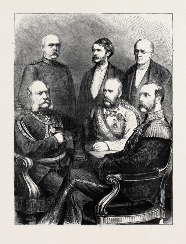THE MEETING OF THE EMPERORS: I. WILLIAM I. OF GERMANY; 2. FRANCIS JOSEPH I. OF AUSTRIA; 3. ALEXANDER II. OF RUSSIA; 4. PRINCE GORTCHAKOFF; 5. COUNT ANDRASSY; 6. PRINCE BISMARCK