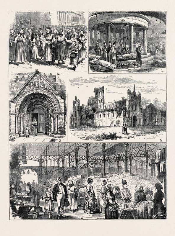 A VISIT TO LEEDS: I. GIRLS LEAVING MARSHALL'S MILL; 2. LEATHER SELLING IN THE SOUTH MARKET; 3. DOORWAY, ADEL CHURCH; 4. KIRKSTALL ABBEY; 5. THE COVERED MARKET, KIRKGATE