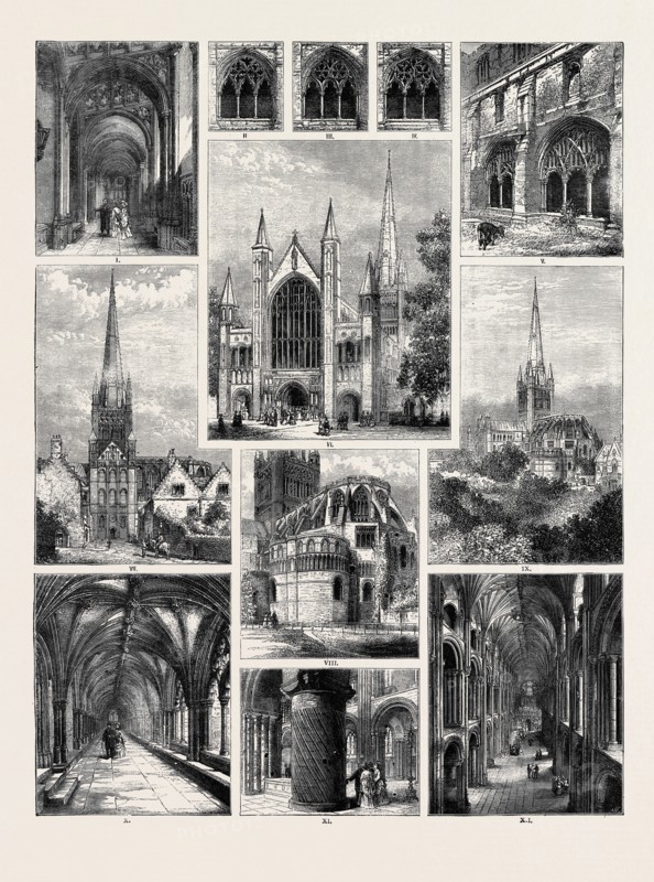 NORWICH CATHEDRAL: I. INTERIOR OF NORTH AISLE; II., III., IV. CLOISTER WINDOWS; V. CLOISTERS (EXTERIOR); VI. WEST END; VII. VIEW TOWARDS SOUTH TRANSEPT; VIII. NEAR VIEW FROM SOUTH-EAST; IX. DISTANT VIEW FROM SOUTH-EAST; X. INTERIOR OF CLOISTERS; XI. THE TWISTED PILLAR; XII. INTERIOR OF NAVE