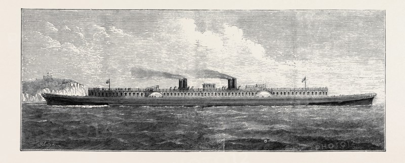 MR. S.J. MACKIE'S STEAMER: A ship 400 feet long by 80 feet broad, constructed on a composite box-girder system, two waterways, with two paddles working in each, running lengthways through the vessel