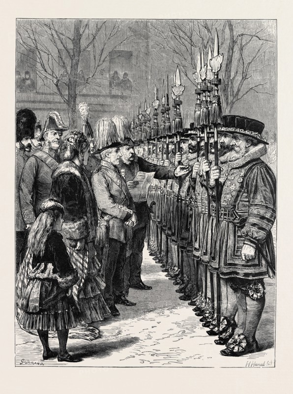 INSTALLATION OF SIR W.M. GOMM, G.C.B., G.C.S.I., AS CONSTABLE OF THE TOWER, INSPECTING THE BEEFEATERS, LONDON