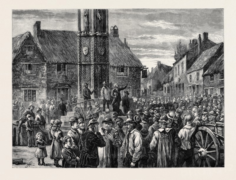 SKETCHES IN THE AGRICULTURAL DISTRICTS: LABOURERS MEETING AT THE ELEANOR CROSS, GEDDINGTON, NORTHAMPTONSHIRE