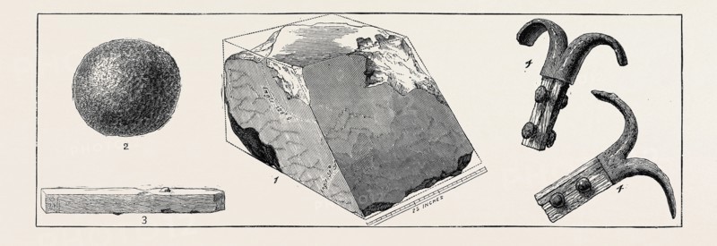 DISCOVERIES IN THE GREAT EGYPTIAN PYRAMID: 1. Original Casing Stone from North Side; 2. Granite Ball, 1 lb. 3 oz. weight; 3. Piece of Cedar, apparently a Measure; 4. Bronze Instrument with portion of the Wooden Handle adhering to it