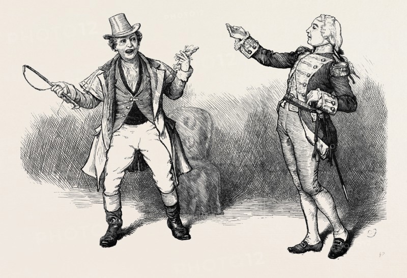 SCENE FROM "THE RIVALS" AT THE CHARING CROSS THEATRE, LONDON, MR. JOHN CLARKE AS "BOB ACRES," AND MR. CHARLES HARCOURT AS "CAPTAIN ABSOLUTE"