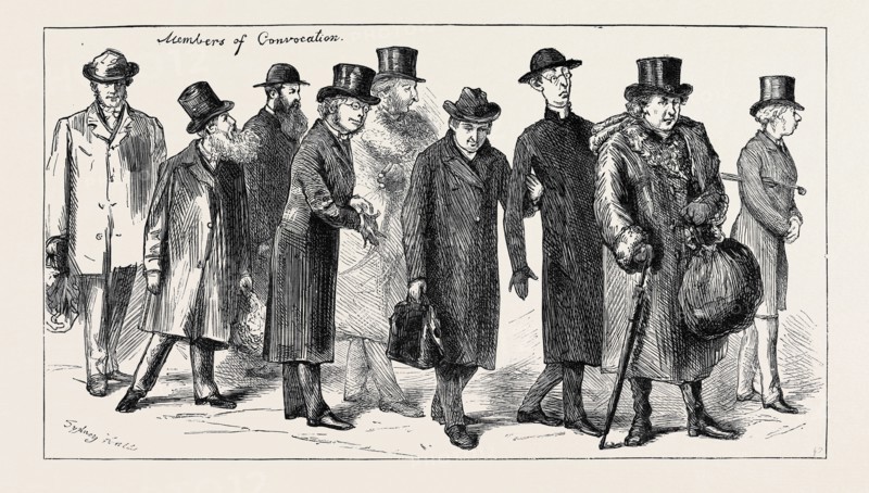 THE ELECTION OF DEAN STANLEY AS SELECT PREACHER AT OXFORD: MEMBERS OF CONVOCATION GOING TO VOTE, ON THE PLATFORM OF THE RAILWAY STATION
