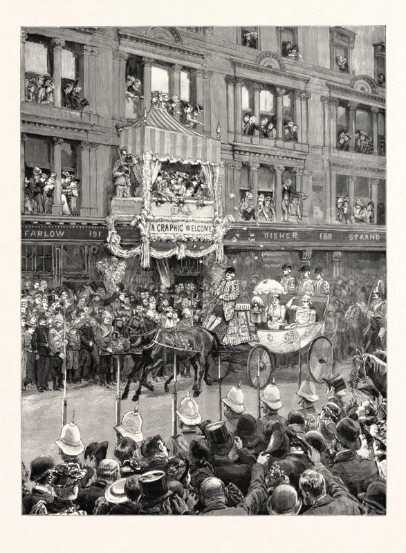 THE GERMAN EMPEROR'S VISIT TO THE CITY: THEIR IMPERIAL MAJESTIES SALUTED BY A SHOWER OF ROSES, A SKETCH IN THE STRAND, LONDON