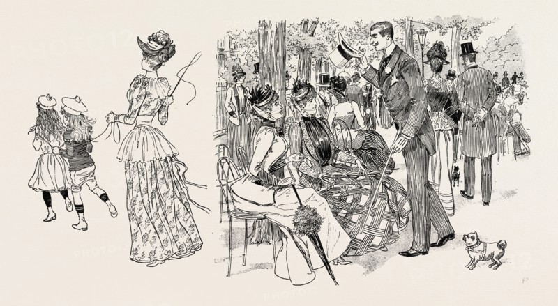 THE PARIS SEASON: AT THE PRÃâ-CATELAN, MAMAN PLAYS THE DRIVER (LEFT); MORNING GATHERING AT THE PETITE PLAGE, AT THE ENTRANCE OF THE AVENUE DU BOIS (RIGHT); FRANCE