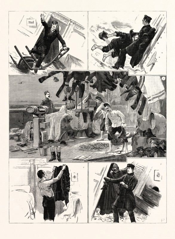 THE NAVAL MANOEUVRES, H.M.S. "LURCHER" SHIPS A SEA: 1. A Perverse Conspiracy of Chairs; 2. Never be Caught with your Coat half on; 3. Drying Day after a Gale; 4. "Sic Transit!"; 5. "How are you getting on?" "Oh! Swimmingly"
