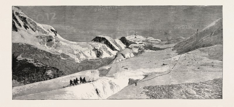 THE FATAL ACCIDENT ON MONT BLANC: DESCENT OF A GUIDE INTO THE CREVASSE 105 FEET DEEP IN SEARCH OF THE BODIES OF HERR ROTHE AND THE GUIDE MICHEL SIMOND: A. Mont Blanc; 1. The origin of the avalanche; 2. Place where the party was precipitated into the crevasse