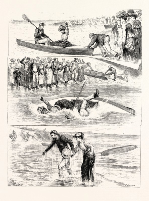 A CANOEING INCIDENT AT THE SEASIDE: 1. "Now then, give us a good push. One, two, three"; 2. And away"; 3. And back again