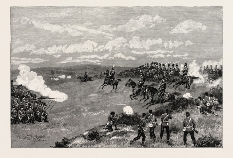 MILITARY MANOEUVRES AT ALDERSHOT: A SHAM FIGHT: "SQUARES AGAINST CAVALRY": A REPETITION OF WATERLOO
