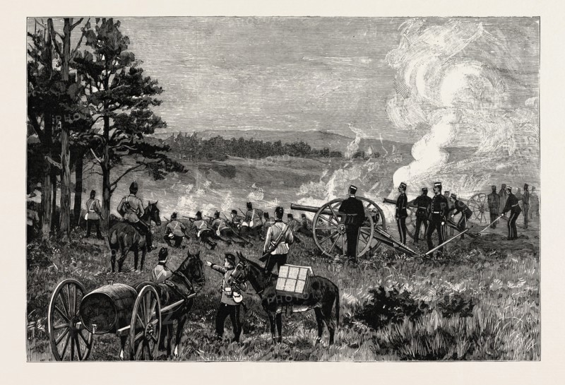 MILITARY MANOEUVRES AT ALDERSHOT: A SHAM FIGHT: A FIELD BATTERY AT WORK: A SAFE POSITION