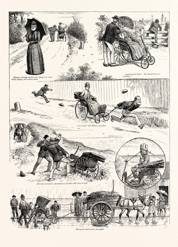 THE STORY OF A SEASIDE ELOPEMENT: Mamma, thinking matters are coming to a crisis, pleads fatigue, and returns home. Angelina feels faint! Her devoted flies for assistance. "Let us fly," said Edwin; they flew. But were overtaken; fortunately a friendly cabby hove in sight. End of the hated rival's love affair.