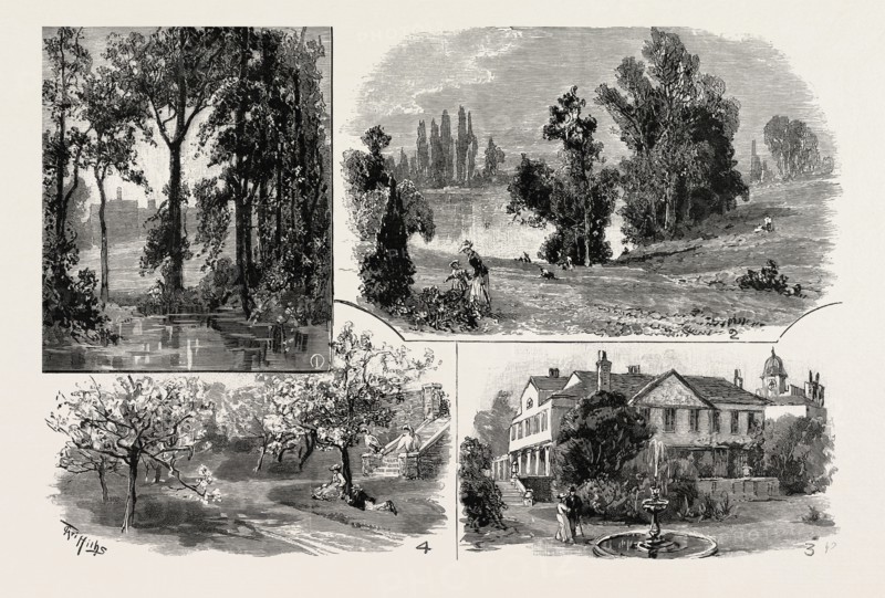 SKETCHES IN WATERLOW PARK, WHICH HAS BEEN PRESENTED TO THE PUBLIC BY SIR SYDNEY WATERLOW: 1. The Upper Pond; 2. The Lower Pond; 3. Lauderdale House, with the top of Cromwell House showing beyond; 4. Under the Blossom, Steps leading to the old Kitchen Garden