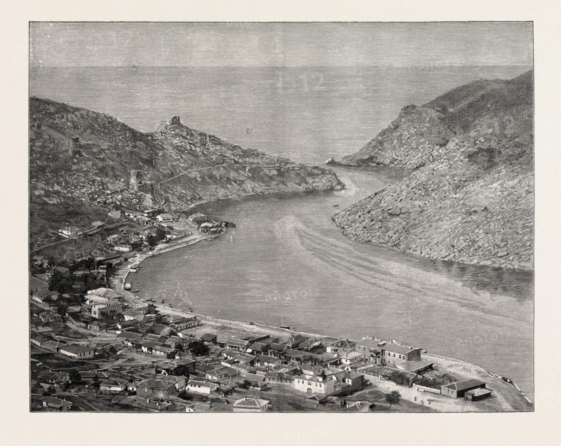 VIEW OF THE TOWN AND HARBOUR OF BALAKLAVA: The Battles round Balaclava were caused by the attempt of General Liprandia to cut the Allies off from their base at the harbour of Balaclave, and at the same time to block the road to Sebastopol. The first attack began on October 25th, and the Charges of the Light and Heavy Brigades, and the Battle of Inkermann, all rose out of this movement.