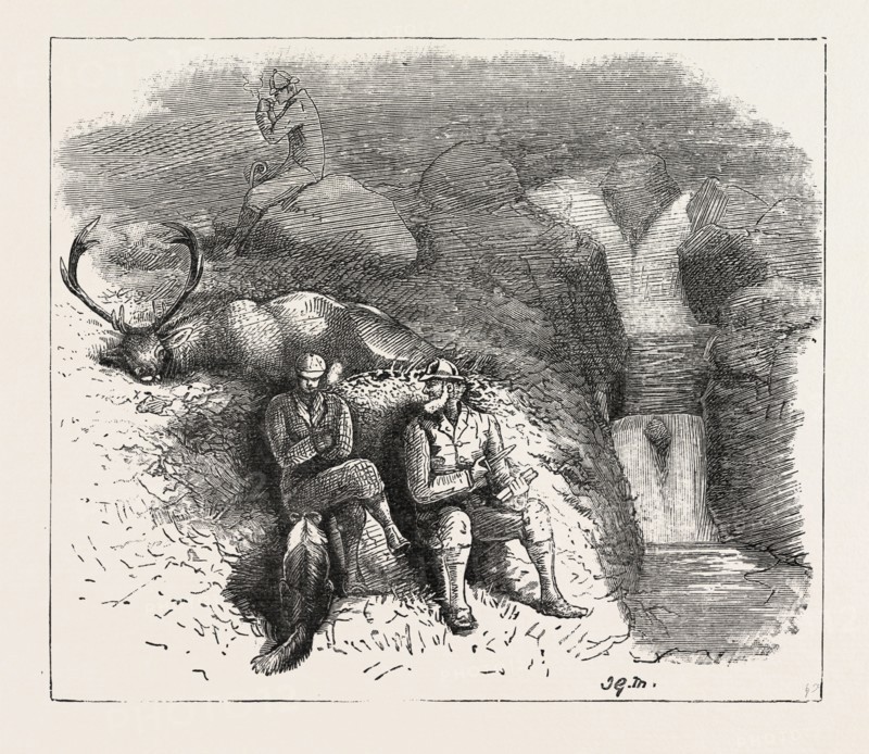 DEER STALKING IN THE FOREST OF THE BLACK MOUNT, ARGYLLSHIRE: A PIPE AND A REST AFTER A HARD RUN