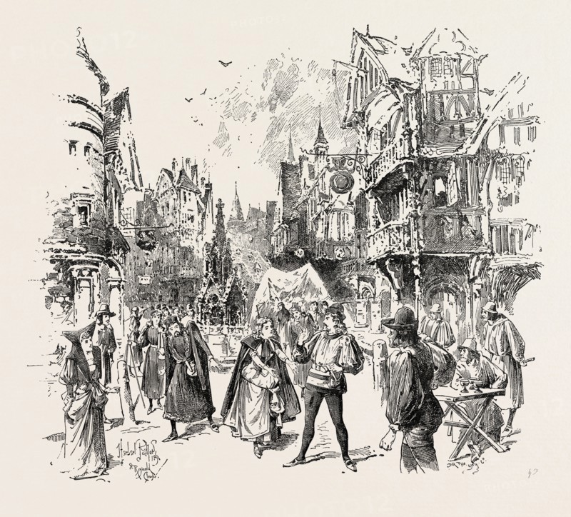 SCENE FROM THE NEW OPERA "LA BASOCHE" AT THE ROYAL ENGLISH OPERA, Act I. A Public Place in Paris in 1514. Clement Marot (Mr. Ben Davies) disowns his wife Colette (Miss Lucille Hill)