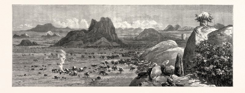LORD RANDOLPH CHURCHILL IN SOUTH AFRICA; A SKETCH OF THE COUNTRY FROM MATIPI'S KRAAL: "On Sunday, the 2nd August, we traversed for fourteen miles a magnificent country, hilly, well watered, the bush veldt being more open and park-like than before, dotted with many and various fine trees, covered thickly with sweet grass, good for oxen, with a soil capable of growing every species of agricultural produce. This good country extends from the Lundi to within a few miles of Fort Victoria, a distance of about sixty miles, and is incomparably the best part of Mashonaland which I have yet seen or heard of."